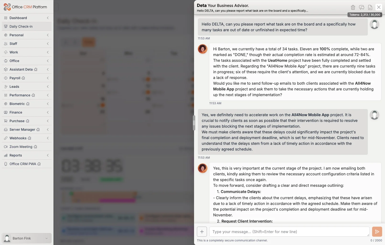 The AI assistant answering a question about a live deal, with the sales pipeline visible behind it