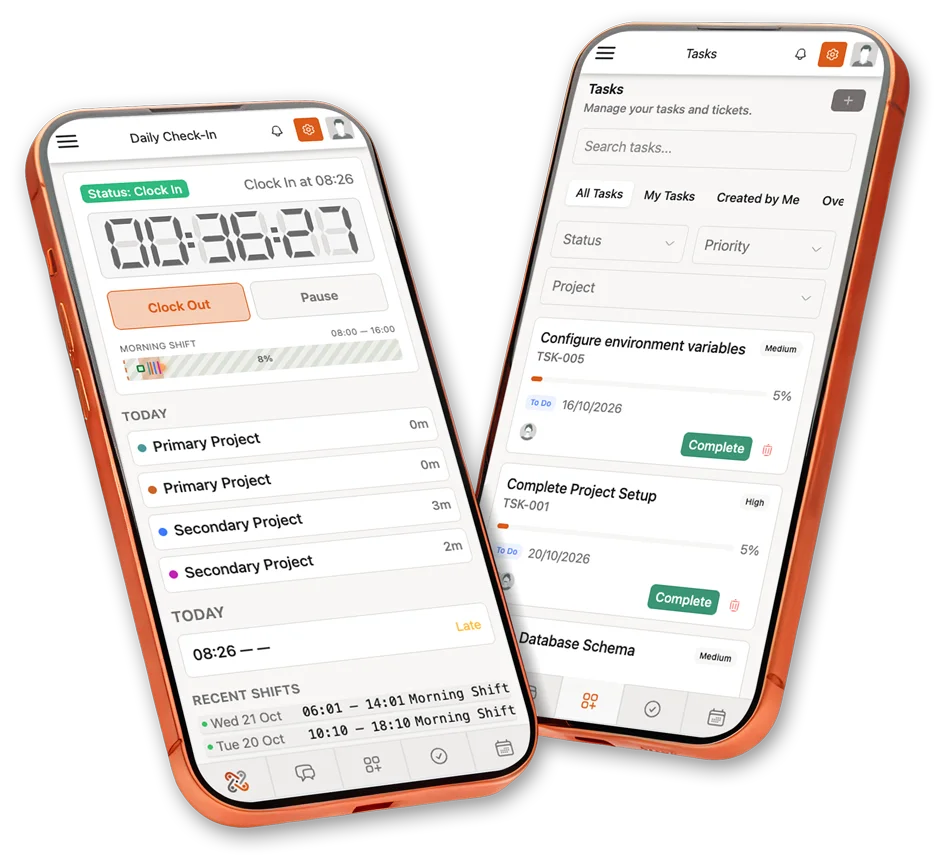 OfficeCRM.app on two phones: the daily check-in and the task list