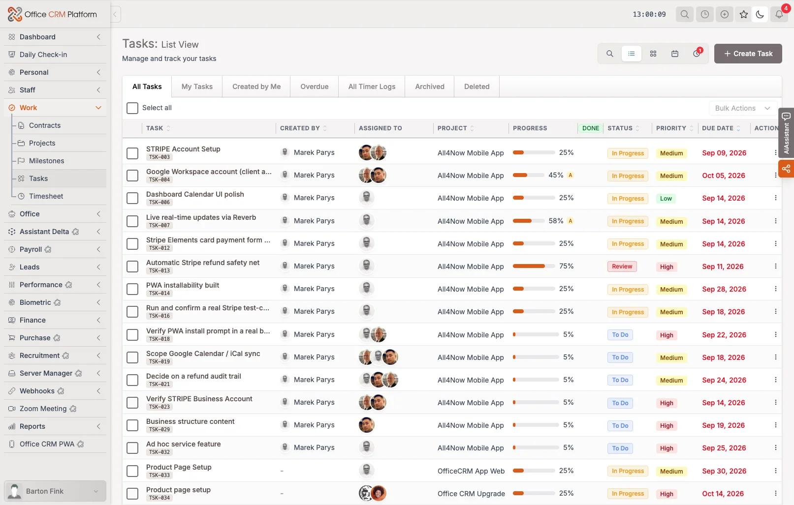 Task list with assignees, progress, statuses, priorities and due dates