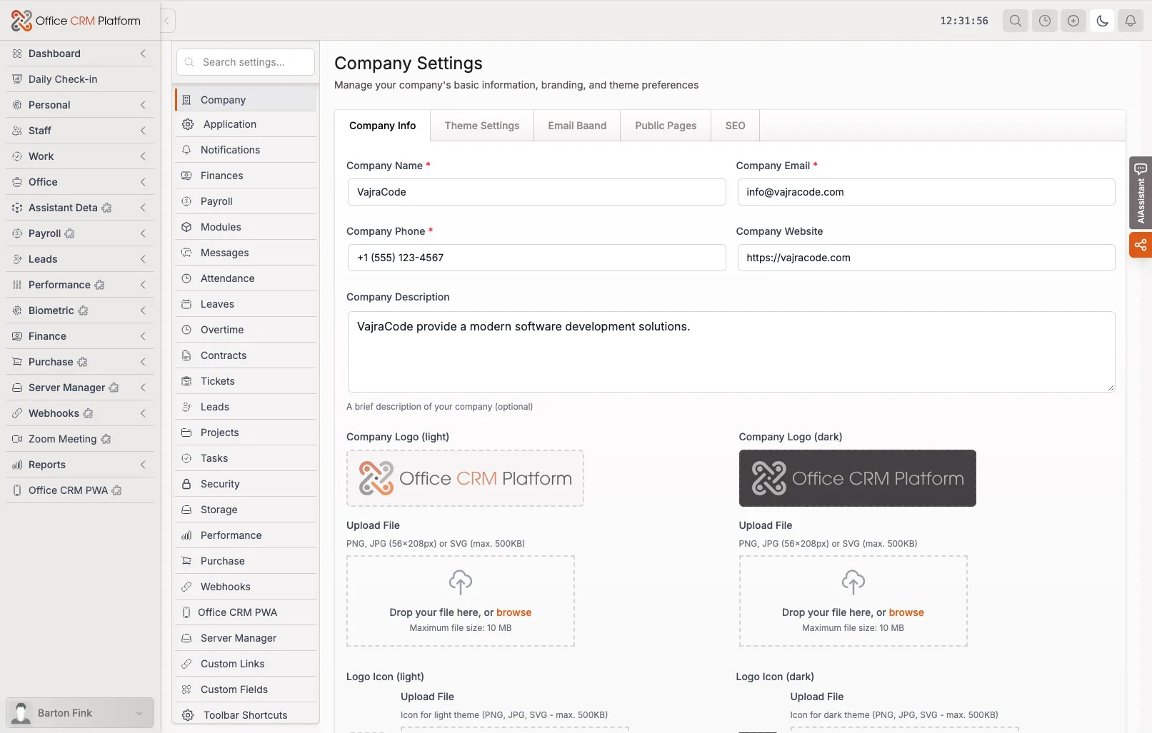 Company settings with configuration options